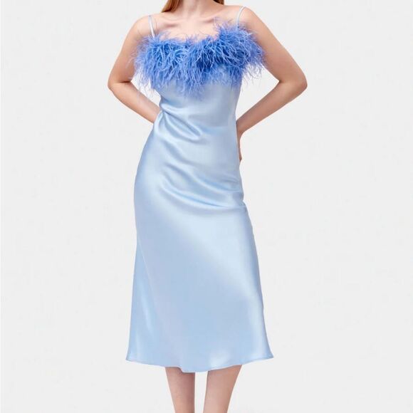 NWT SLEEPER Boheme Feather-trimmed Midi Slip Dress in Ecovero Blue M - Picture 11 of 11
